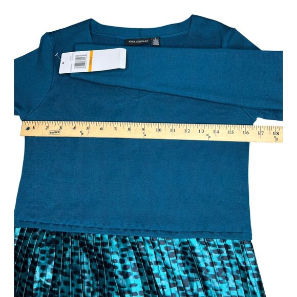 Nina Leonard Womens Long Sleeve Mixed Media Dress Teal Multi Size Small - Picture 9 of 15